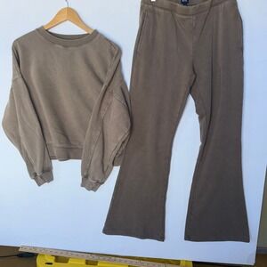 GAP Vintage Wash Crop Sweatshirt Flare Sweatpants Set Women M Small Brown
